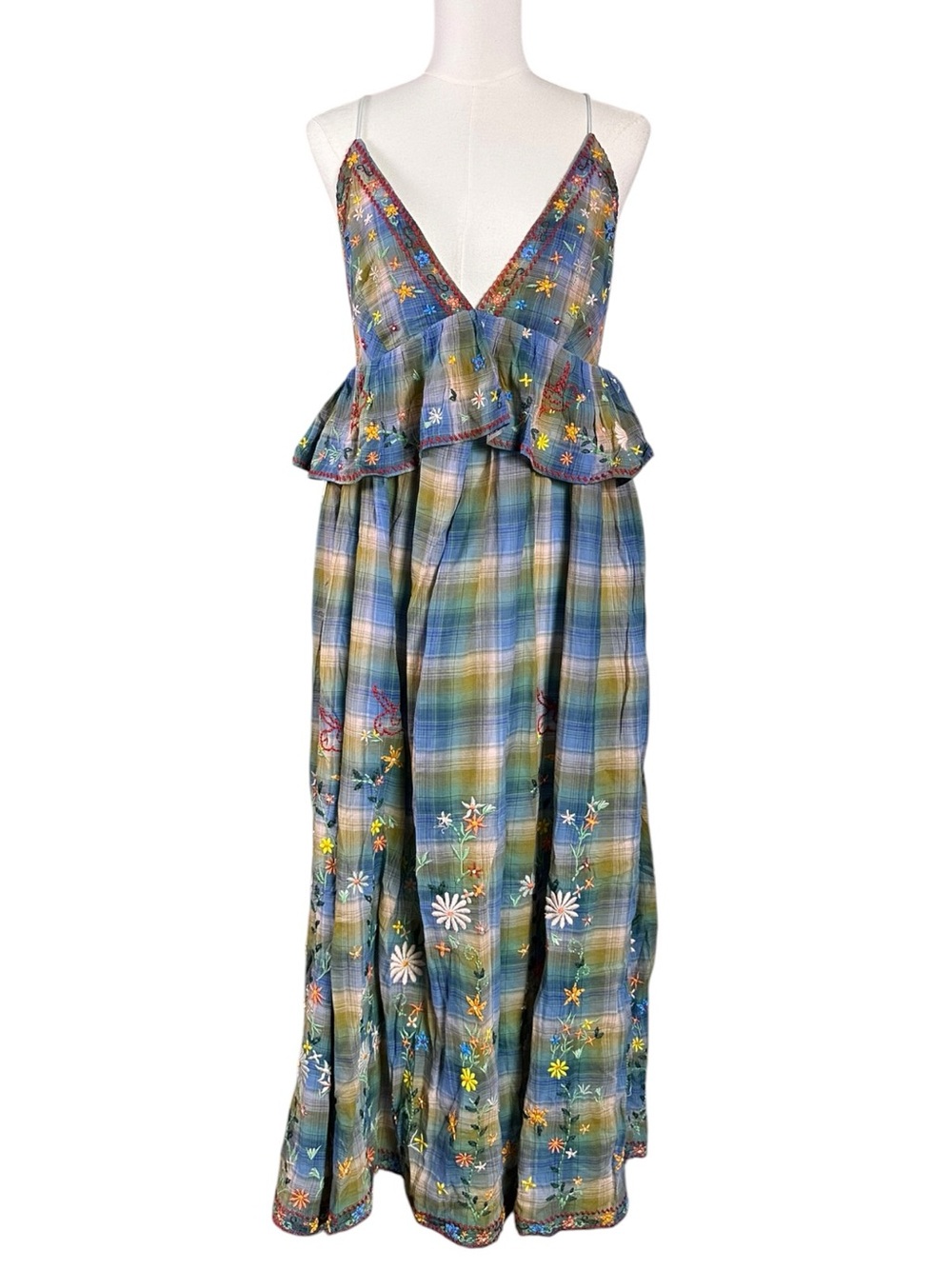 Free People Bohemian 70s Embroidered Plaid Songs Of Summer Maxi Dress Large NWT - Picture 10 of 16